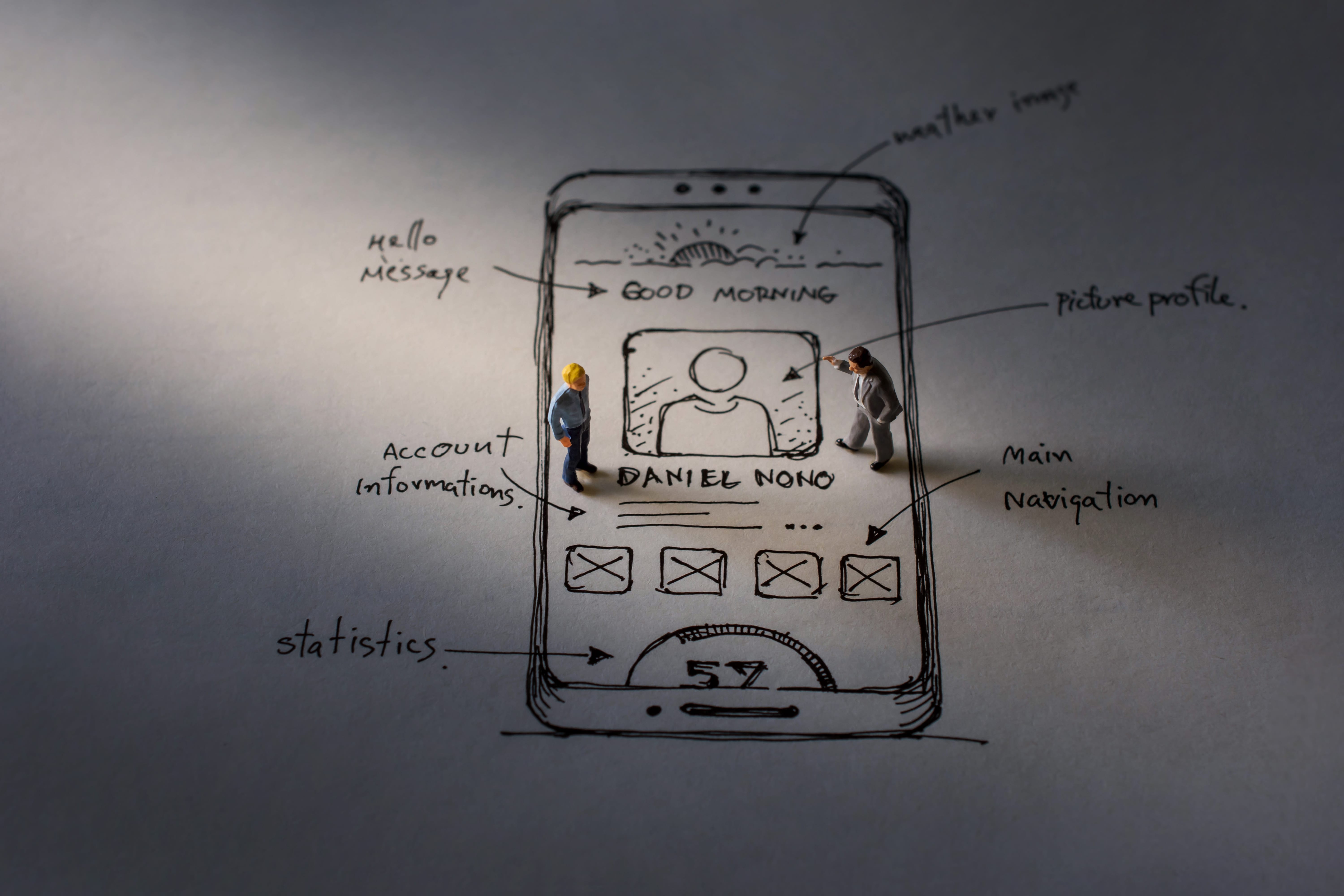 User Experience Concept. present by two Miniature Figure of Businessman standing on Paper of Interface Design Sketch at Night. Overtime Work