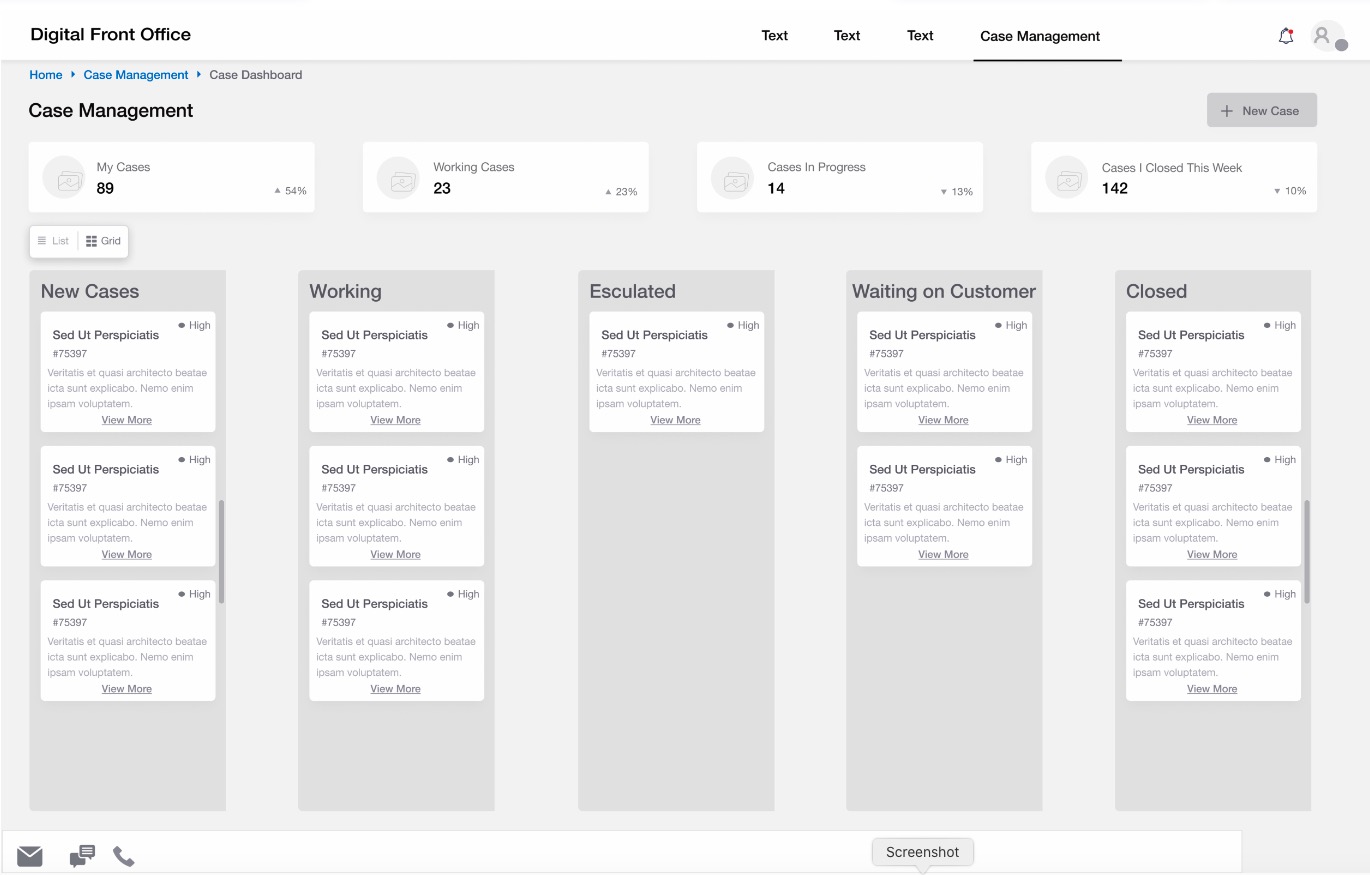 Figure 4 - Early wireframe of case management dashboard (kanban view).